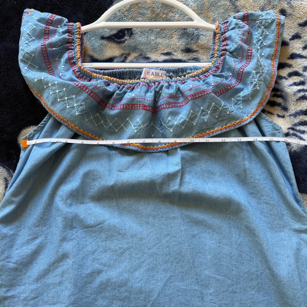 Available Blue Embroidered Chambray Boho Tunic Dress Size Large - Picture 8 of 9